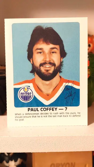 PAUL COFFEY 1984-85 OILERS RED ROOSTER hockey card. Not mint. Slight bend at upper left, but corners...
