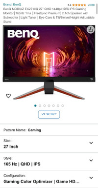 BenQ 27" 1440p 165hz 1ms 16:9 HDRi IPS Gaming Monito