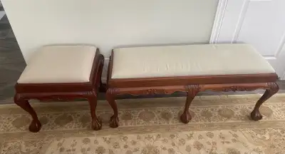 Ornate wood furniture. 130$ for the lot. Dimensions : Bench seat-49.5 inches long x 20 inches wide x...
