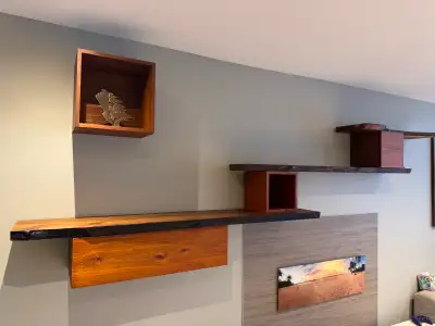 Floating live edge solid wood shelves, View more