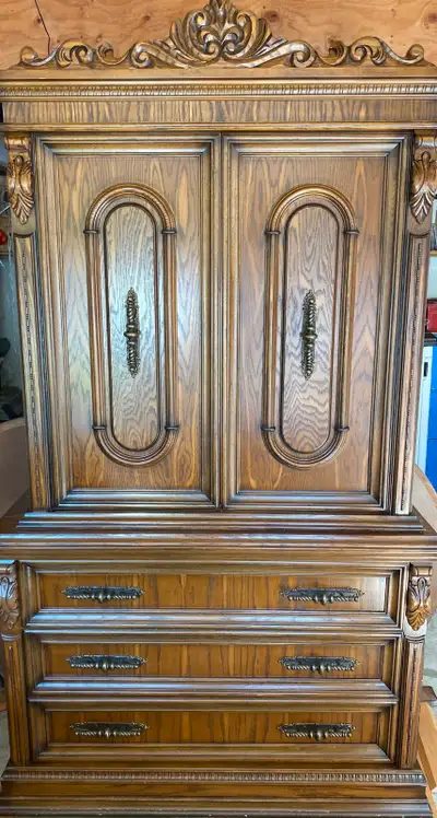 3-pc Bedroom Dresser Set- Dresser, Armoire and Framed Mirror. Vintage styling, solid wood, European...