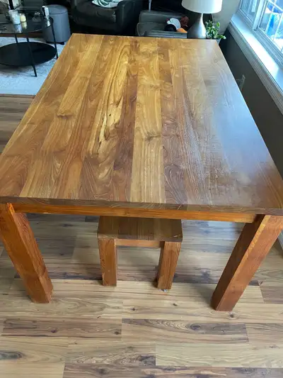 solid teak table and bench (Crate and Barrel), View more