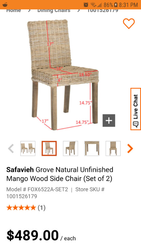 Mango Wood Side Chair Safavieh in Dining Tables & Sets in Oakville / Halton Region - Image 2