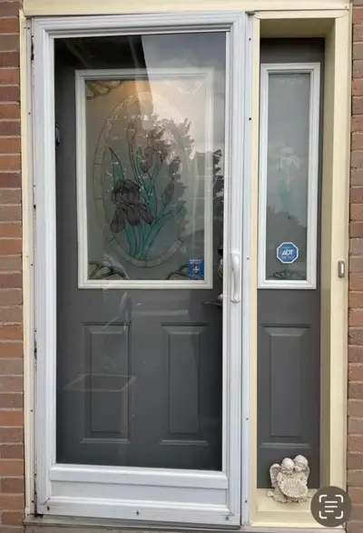 White Glass/ Screen Door with kick plate. Easy to install. Hardware/Trim included. Measures 77 1/2”...