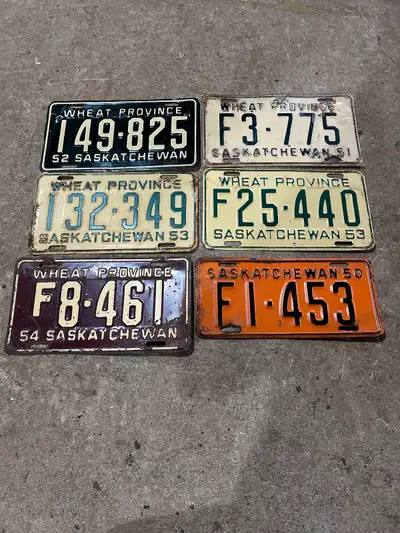 1950’s Saskatchewan license plates $50 each. Phone or text if interested 306-960-2052