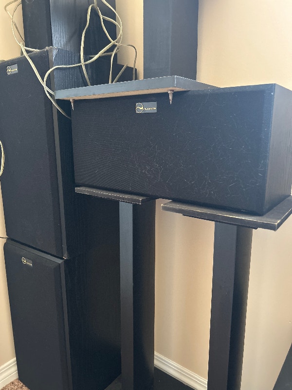 Nuance Home theatre speakers and stands. Plus subwoofer. Stereo