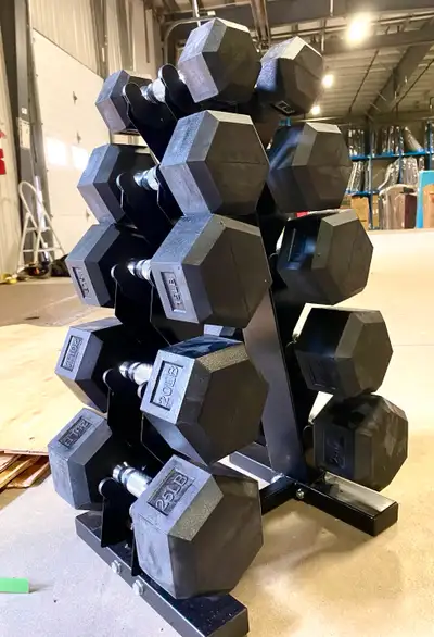 New 5lb-25lb Rubber Hex Dumbbells with Stand, View more