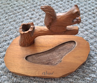 Signed -PAUL EMILE CARON-Wood Carving Squirrel on Branch