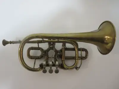Antique Cornet Max Kenner, Freiburg, Germany. 3 rotary valve Bb, View more