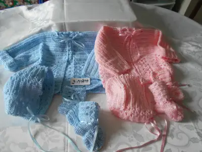 BRAND NEW HAND CROCHETED 3pc BABY SWEATER SETS, View more