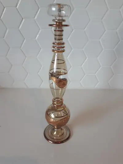 Egyptian Hand Painted Perfume Bottle Gold with stopper Art Glass Silver Springs NW