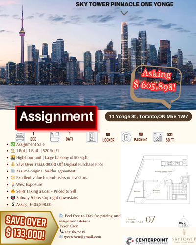 Huge Price Drop! Below Market Value Assignment Sale at SkyTower! Prime Location: 11 Yonge St, Toront...
