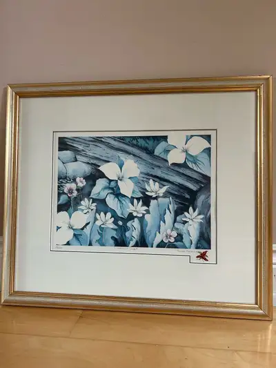 This is a framed watercolor painting titled "Woodland Carpet" by Canadian artist Pamela Meacher feat...
