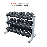 Rubber Hex Dumbbell 10 Pair Set (5lb-50lb) w/ 3-Tier Rack