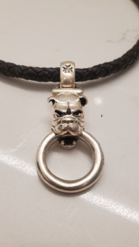 Solid silver bull dog with leather necklace