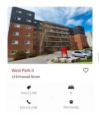 Bachelor apartment for rent. Kingston, Ontario. West park II