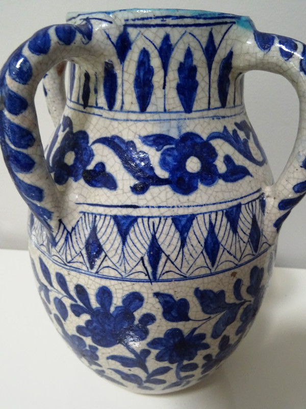 early MOROCCAN EWER 4 handled Blue White CRACKLE GLAZE Moorish in Arts & Collectibles in Hamilton - Image 4