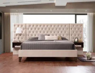 NEW- Beige Floating Night Stand Platform Bed- 2 Night Stands, View more