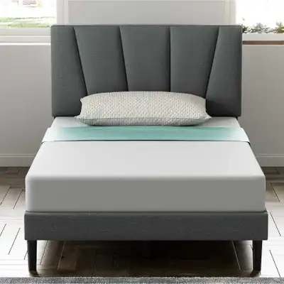 Platform Twin Bed Frame, Upholstered w/ Headboard, Grey, View more