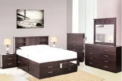 Dark Wood Bedroom Set with Bed, Dresser, and Nightstands, View more