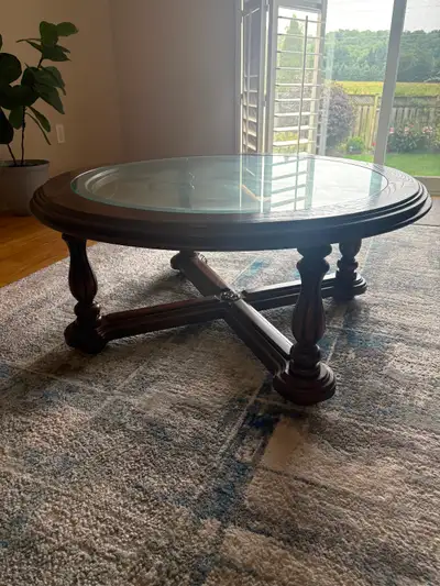 Round Wooden Coffee Table with Glass Top, View more