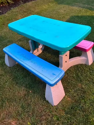 Kids Fisher Price picnic table $30, used outside table, plus more Kids wooden bench $95 Lots more to...
