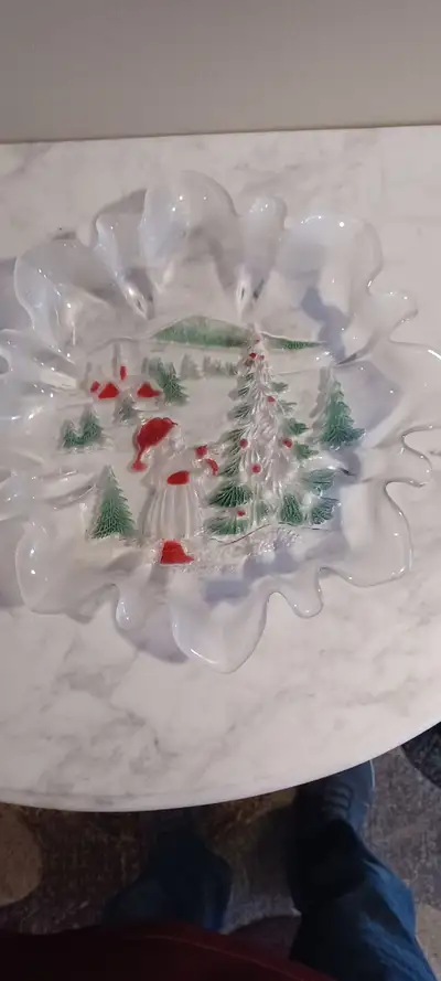 13"D Mikasa Christmas Etched Frosted Crystal Candy Dish, View more