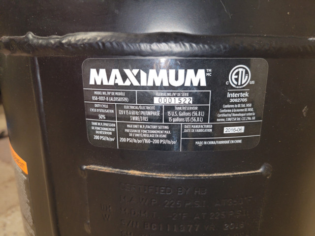 Maximum 15 gals 200 psi air compressor in Power Tools in Guelph - Image 2