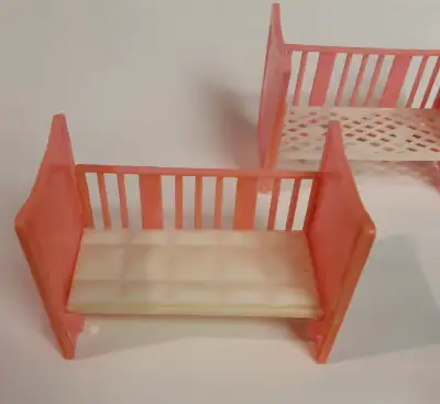 Vintage 1970s Pink plastic dollhouse child beds, 1 matress, View more