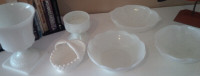 6 Pieces White Milk Glass, 3 Bowls (Grape Pattern) + More, Below