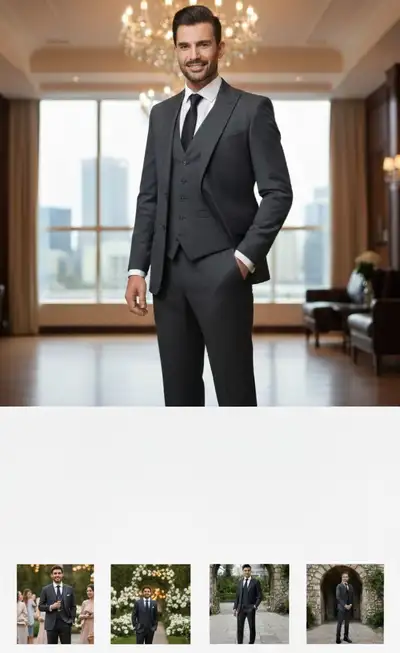 Men's 3 piece black suit with grey pin stripes, size 33, View more