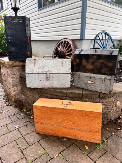 1- The black storage chest on the left***SOLD*** 2- The silver carpenters toolbox is $45 please 2- T...