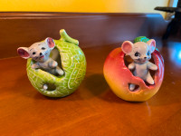 2 Vintage 1950’S Giftcraft Porcelain Mouse in an Apple Toothpick