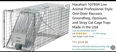 Havahart live trap - Willing to rent $10/day. Designed for raccoons and skunk-size animals. Super fa...