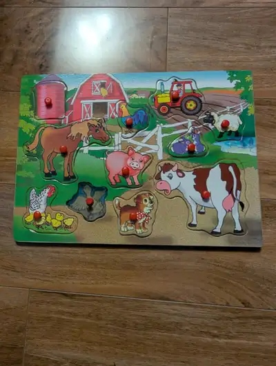 Wooden Farm Puzzle with Chicken with chicks, cow, dog, duck, horse, pig, rabbits, rooster, sheep, gr...
