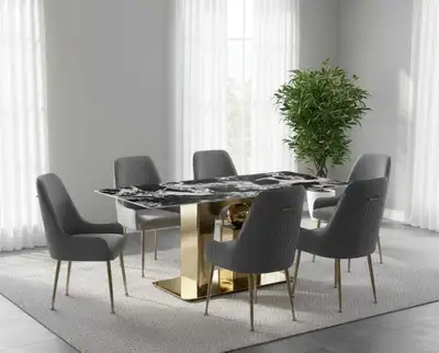 Black & White Marble Dining Table with Gold Base and Grey Chairs, View more