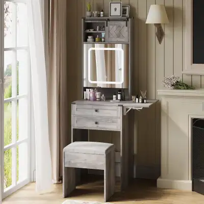 Farmhouse Small Vanity Desk with Mirror Cabinet & Storage , View more