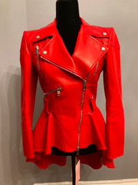 ALEXANDER McQUEEN Red Peplum Leather Jacket, size IT40