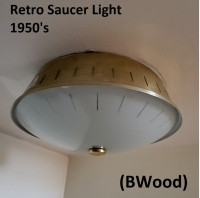 Light - Retro Saucer Light, Gold, White Glass, 1950's (1)