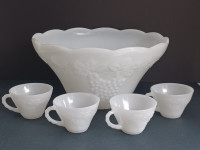 Milk glass punch or salad bowl with 4 cups