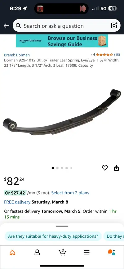 Dorman 929-1012 Utility Trailer Leaf Spring, Eye/Eye, 1 3/4" Width, 23 1/8" Length, 3 1/2" Arch, 3 L...