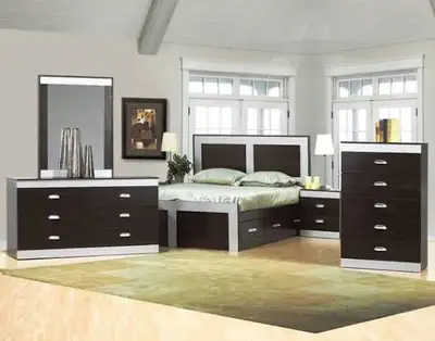 Dark Wood Bedroom Set with 6-Drawer Dresser, Nightstand & Bed, View more