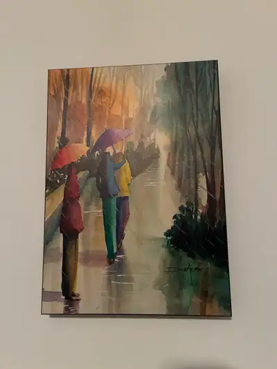 Cette charmante plaque murale laminée de l'artiste peintre Anik Dubaere, mesurant 14 x 10 pouces, ca...