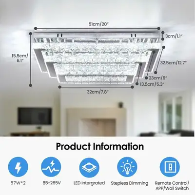 Modern 3-Tier Dimmable Crystal LED Chandelier - 20" Rectangular, View more