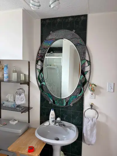 Stained Glass  Art Mirror Solid Oak Frame 30” wide x 40" length, View more