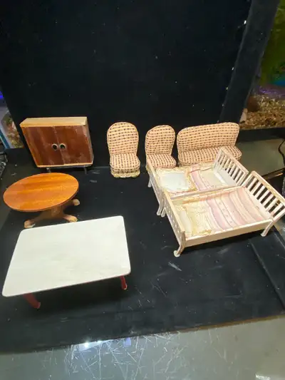 Antique & Vtg. Wood Dollhouse Furniture  pc Living Room Bedroo, View more