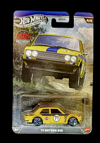 Hotwheels silver series rally racers 71 DATSUN. 510 new 4/5 in series. The photographs depict the ov...