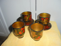 Wooden housewares Russian Khokhloma 2 cups/saucers & 2 goblets