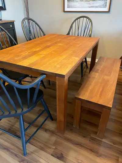 Crate and Barrel solid teak table and bench, View more
