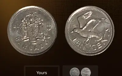 This Barbados ten cents coin features a flying fish on one side and the Barbadian coat of arms on th...